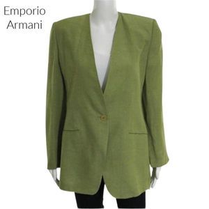 Vintage Emporio Armani  Celedon Green V Neck Long Sleeve 2 Pocket Button Blazer